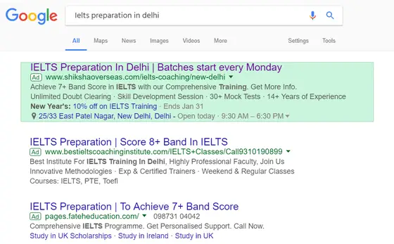 Google search results showing a top-position ad for IELTS preparation coaching in Delhi