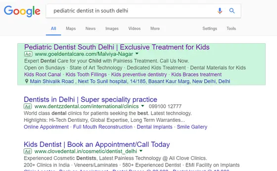 Google search results showing a top-position ad for a pediatric dentist in South Delhi